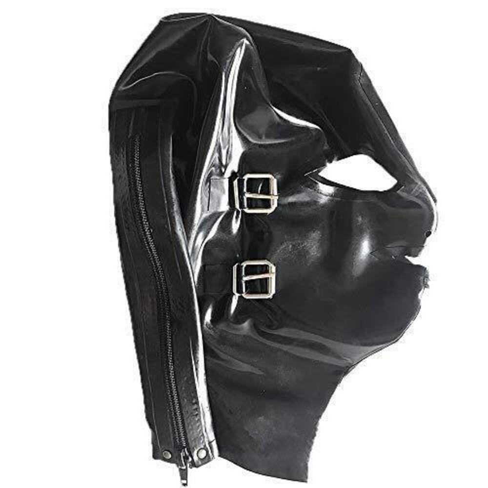 8680 Latex Mask Black Hood Patch Mouth plug Eyeshade Eye patch Zipper